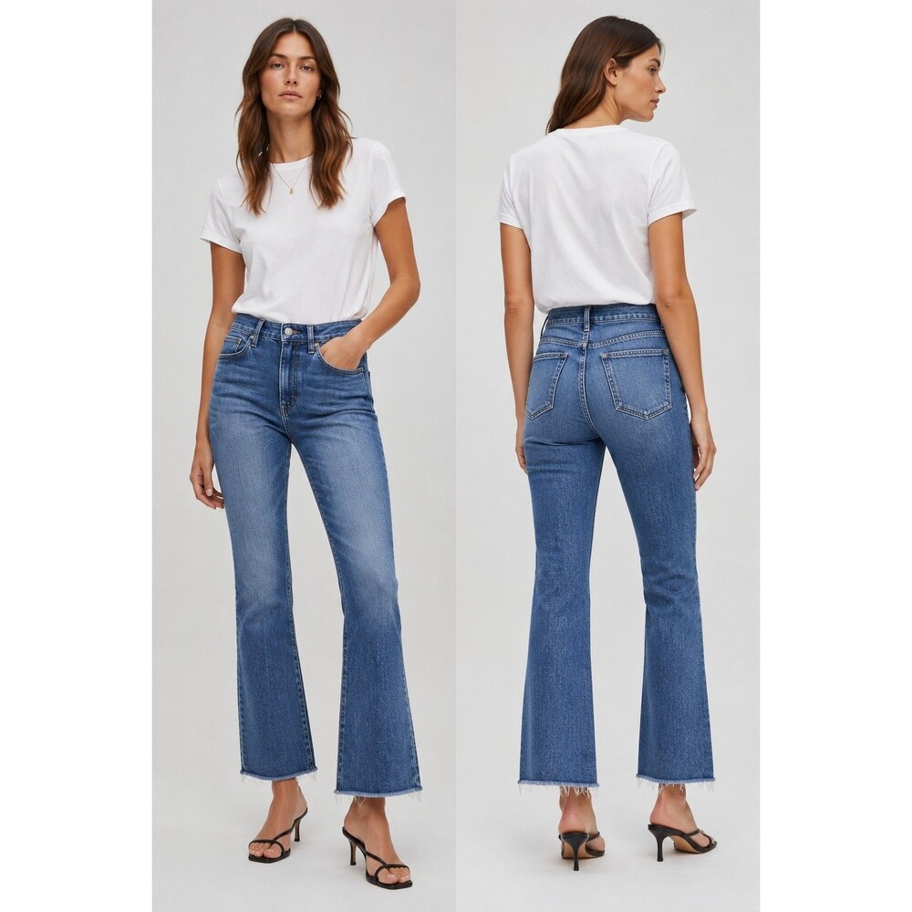 AYR The Bomb Pop Jeans Size 26 Blue High Rise Flare Raw Hem Stretch DenimUSA